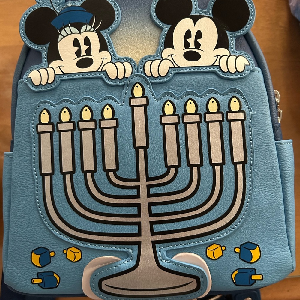 Disney Loungefly Blue Backpack with Mickey and Minnie Design - Light-Up Menorah